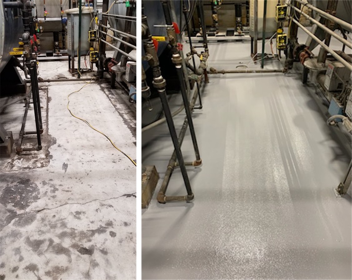 Beverage plant boiler and chemical dosing room floor before and after: spalled, chemical-etched concrete around the tanks restored with a seamless slip-resistant broadcast floor