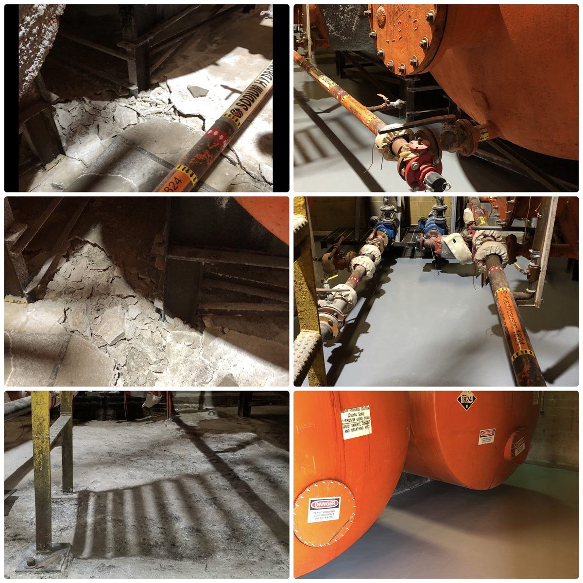 Chemical tank secondary containment before and after: spalled, acid-etched concrete restored with a chemical-resistant urethane containment floor