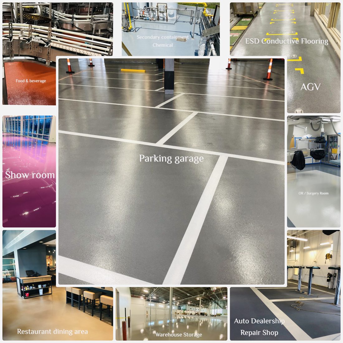 Collage of commercial flooring projects: parking garage, showroom, restaurant dining, dealership shop, ESD and containment floors