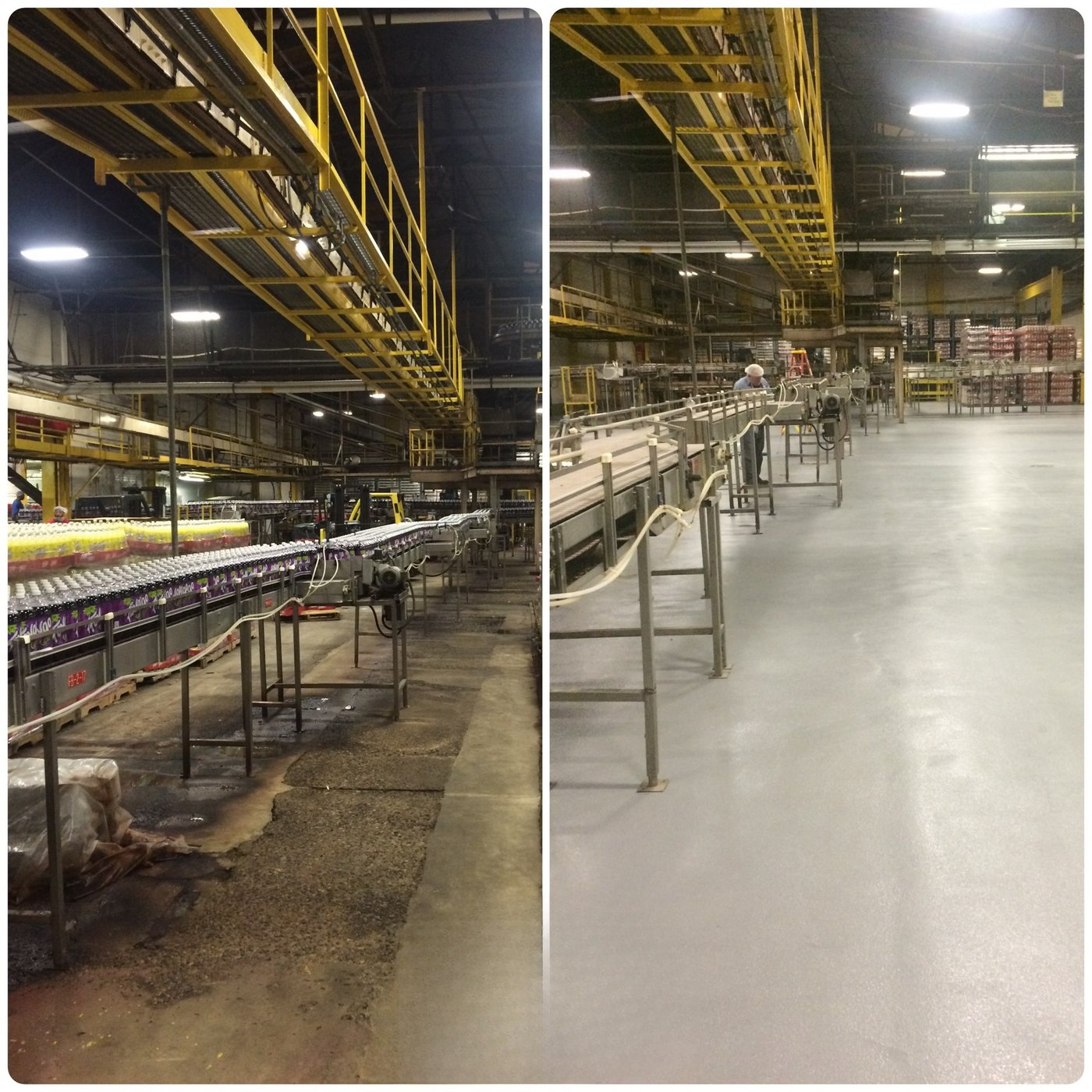 Beverage filler line before and after: deteriorated floor beneath the bottle conveyors replaced with a seamless pigmented urethane system
