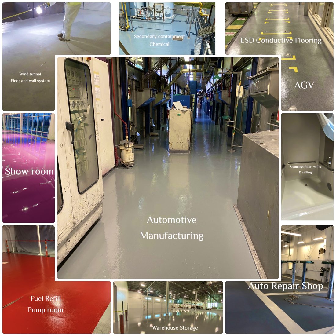 Collage of Maverick industrial floor installations: automotive manufacturing, ESD flooring, secondary containment, showroom, and warehouse storage