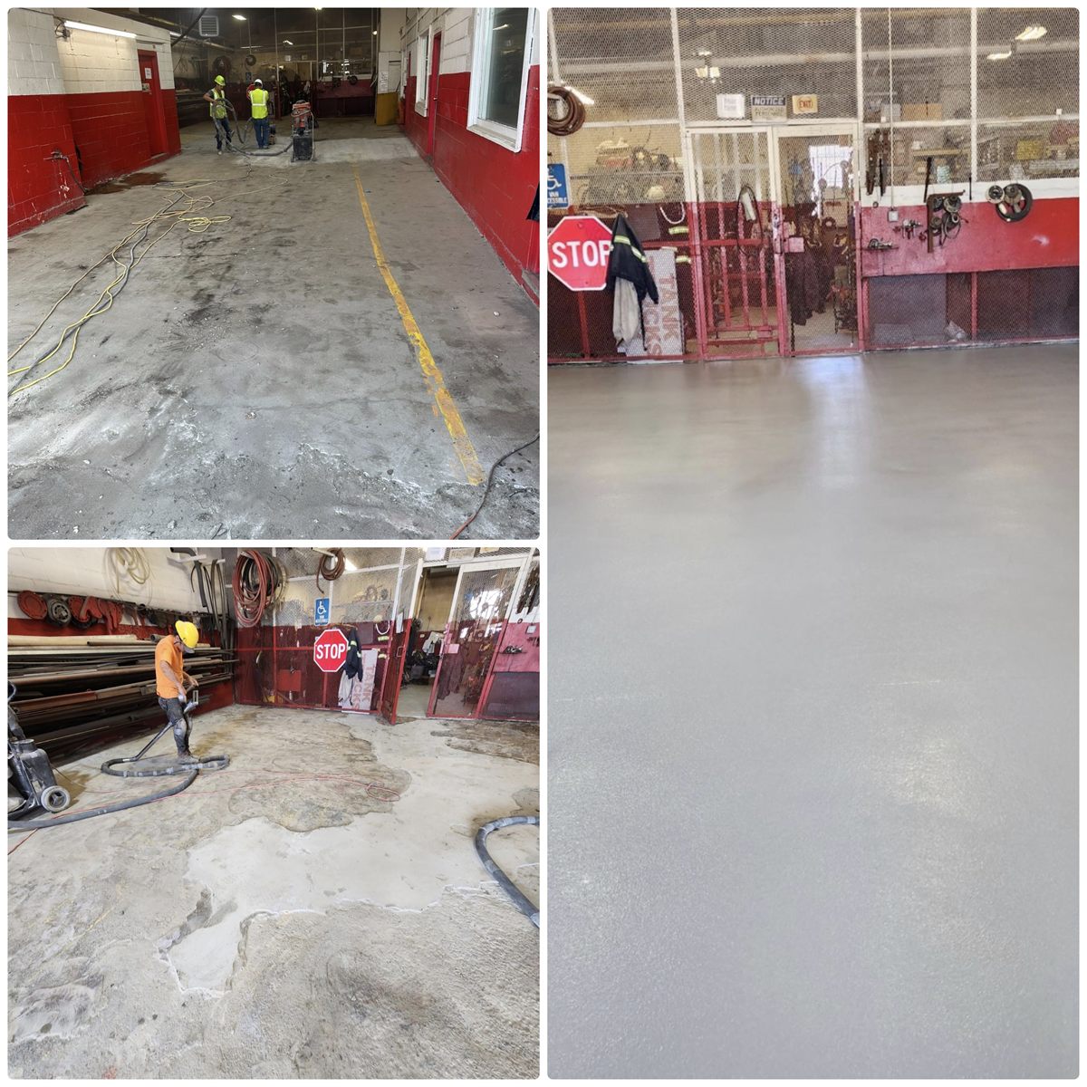 Fleet maintenance shop before and after: ground-down, patched concrete recoated with a seamless durable gray floor