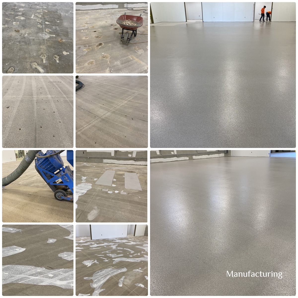 Manufacturing plant floor before and after: patched, ground, and shot-blast concrete finished with a seamless gray epoxy broadcast system