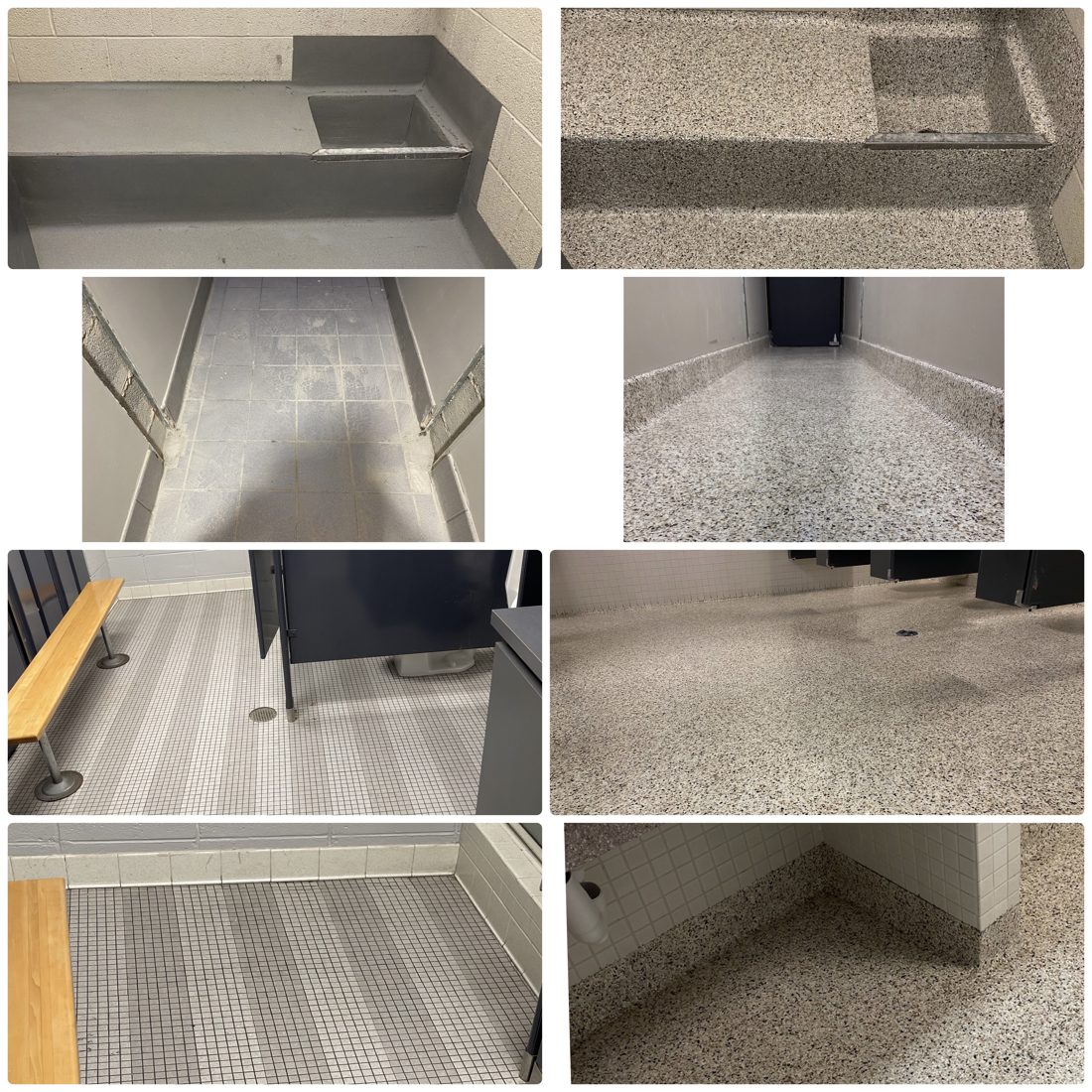 Washroom and hallway floors before and after: seamless flake broadcast system installed over existing tile