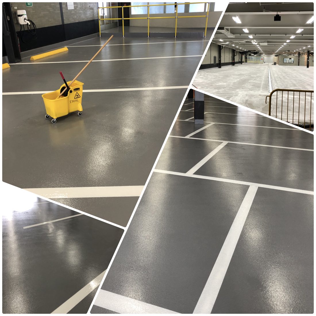 Parking garage deck with broadcast traffic coating and coated-in striping