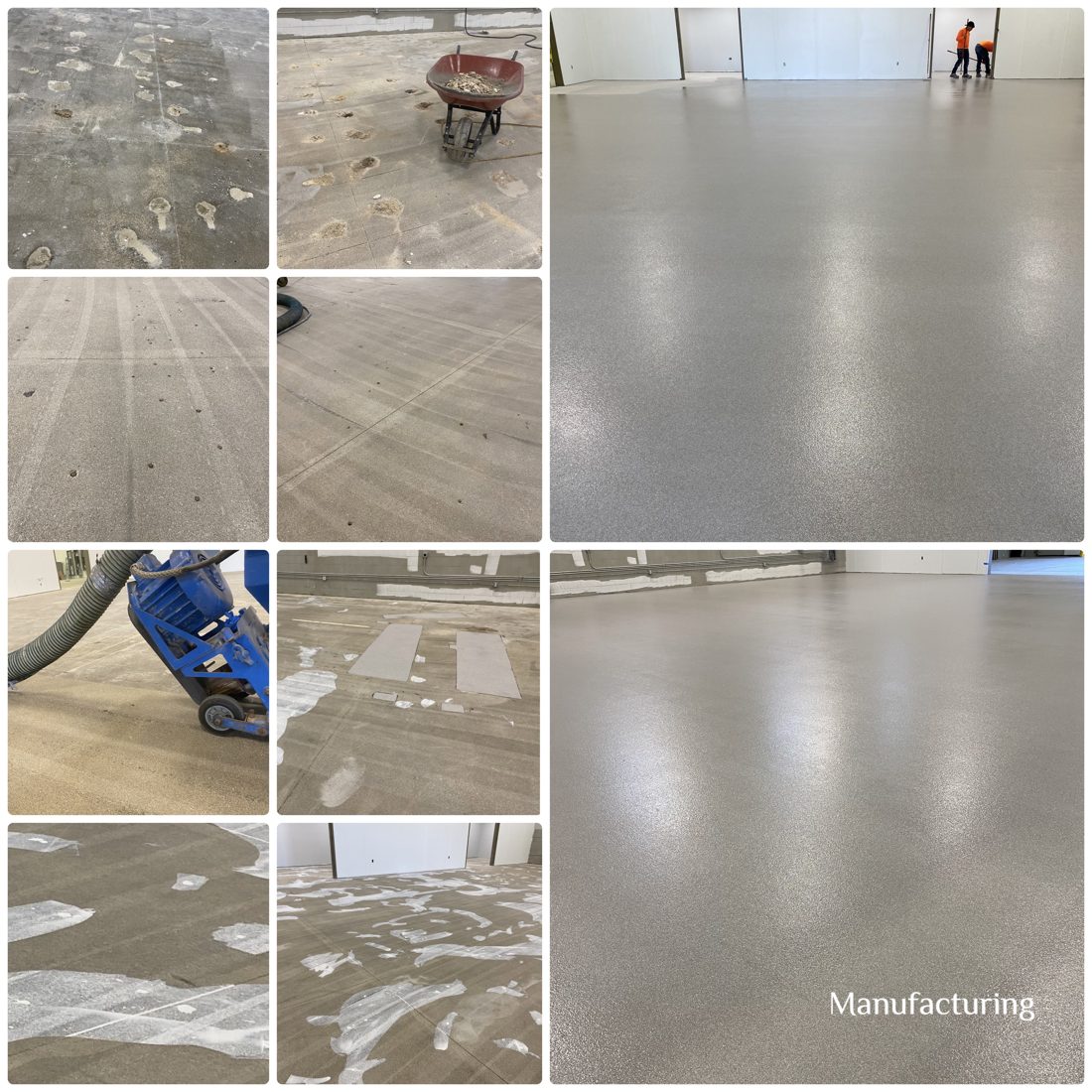 Floor preparation sequence: grinding, patching, and repairs through to the finished broadcast epoxy floor