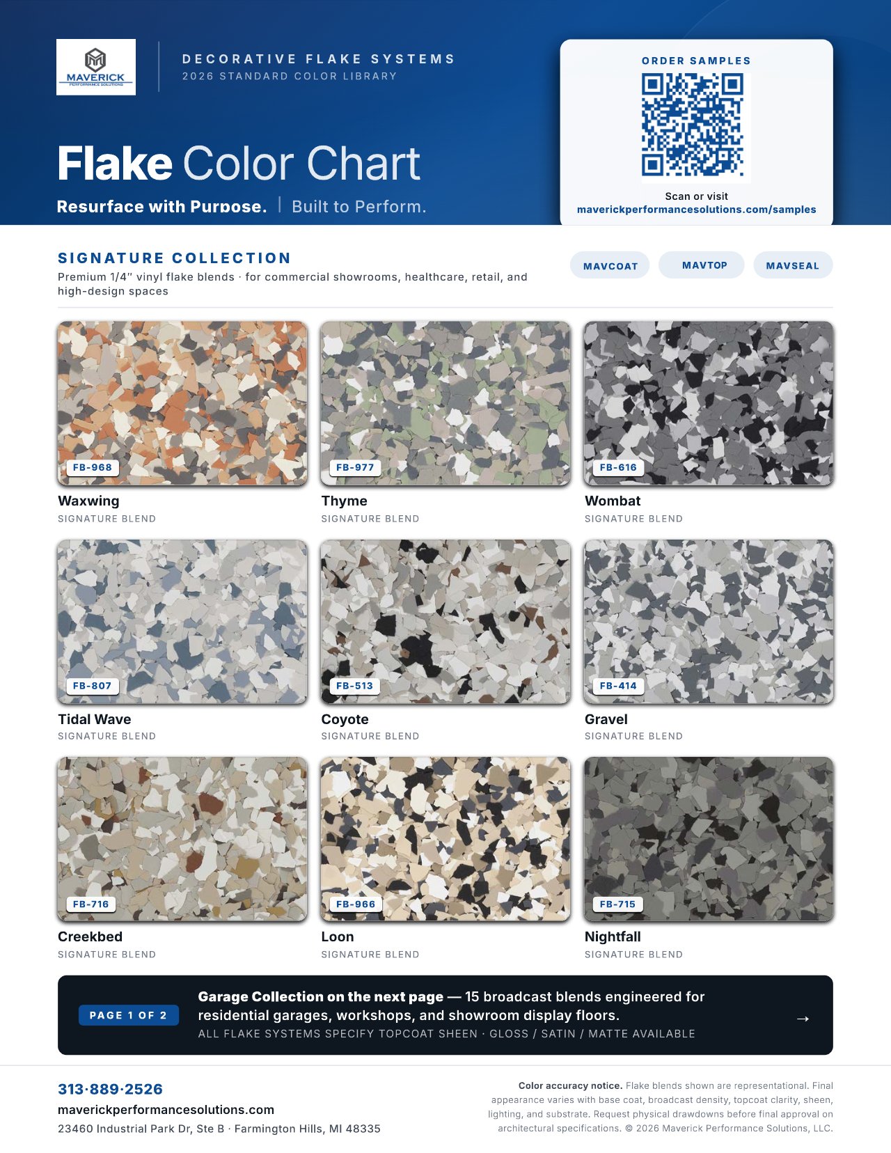 Maverick 2026 flake color chart — decorative flake broadcast blend library