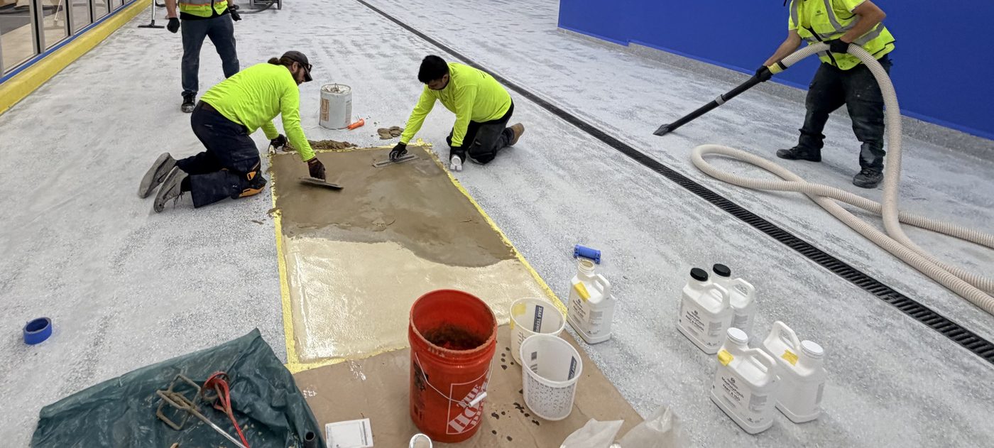Crew placing MavPolyPatch repair on broadcast floor — during installation