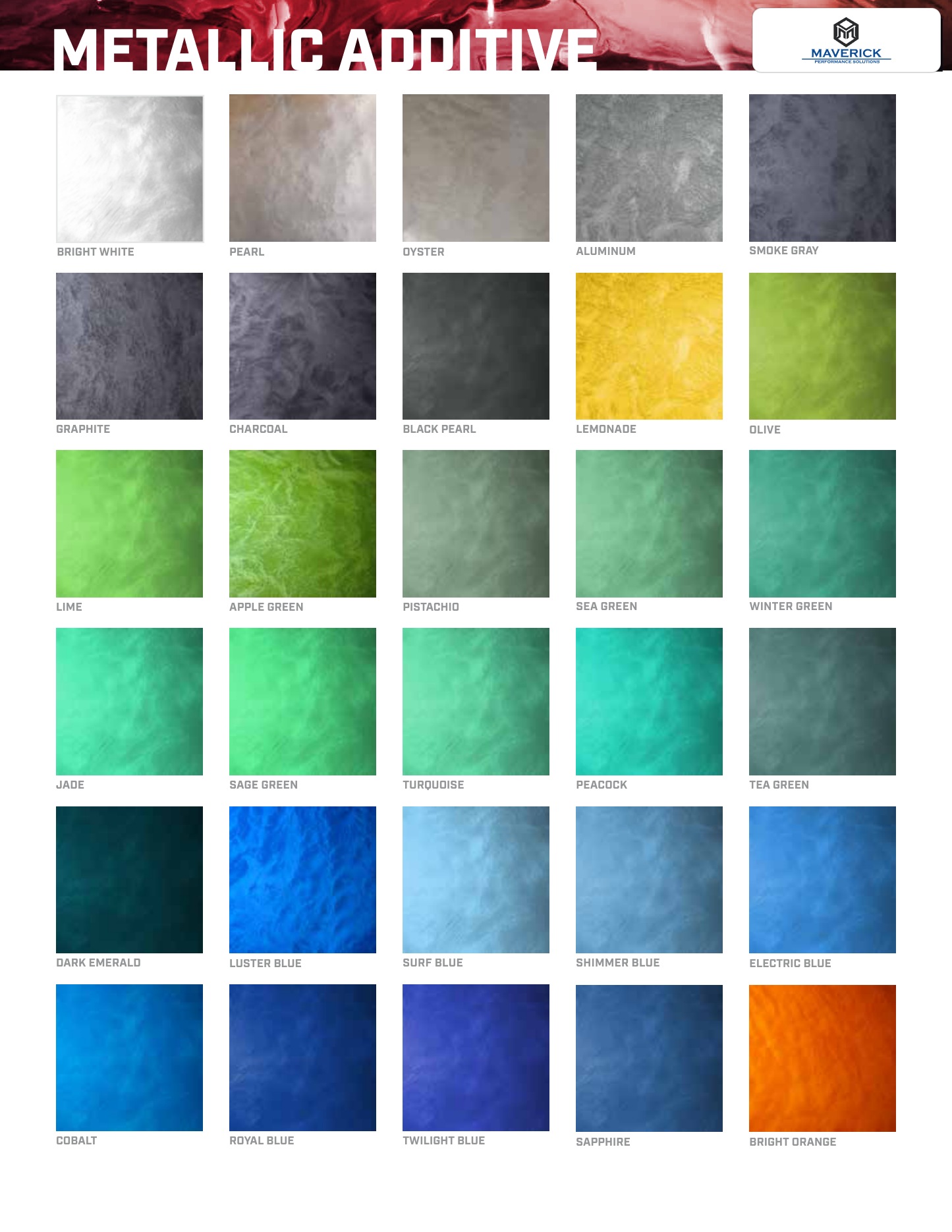 Maverick metallic additive color chart, page 1 — stock metallic pigment colors for MavCoat Metallic systems