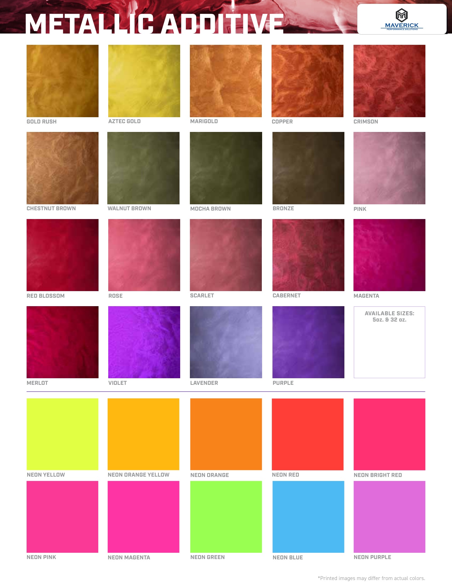 Maverick metallic additive color chart, page 2 — stock metallic pigment colors for MavCoat Metallic systems