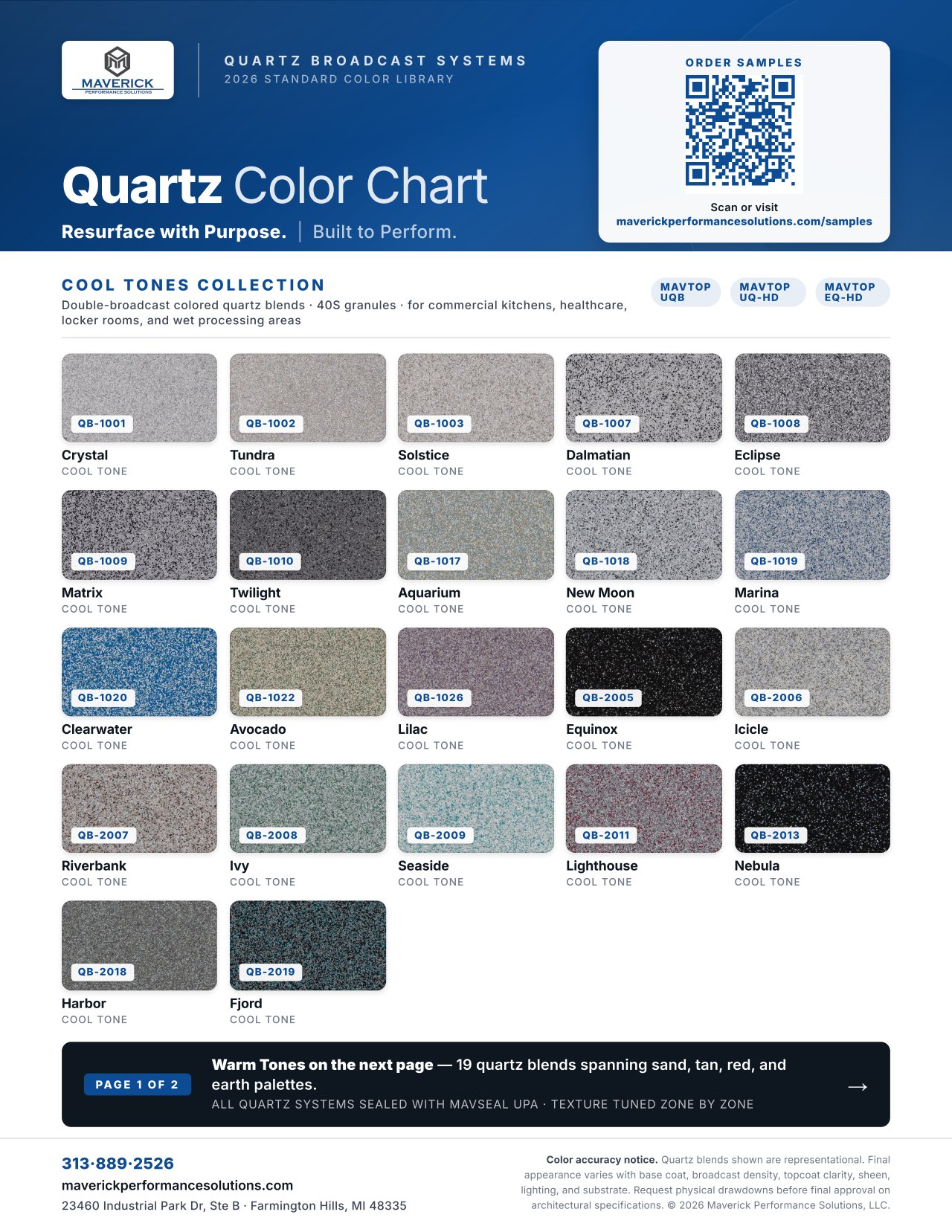 Maverick 2026 quartz broadcast blend chart, page 1 &mdash; Cool Tones collection for MavTop quartz systems