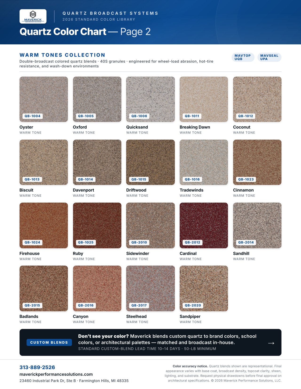 Maverick 2026 quartz broadcast blend chart, page 2 &mdash; Warm Tones collection for MavTop quartz systems