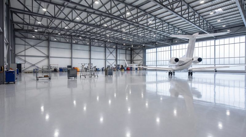 Aircraft hangar with gray MavCoat SLE high-gloss light-reflective floor