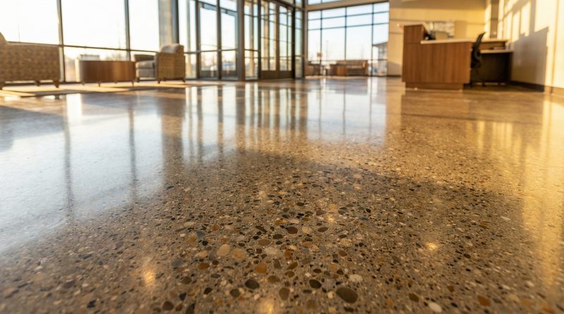 Sunlit institutional lobby with decorative ground and polished aggregate floor