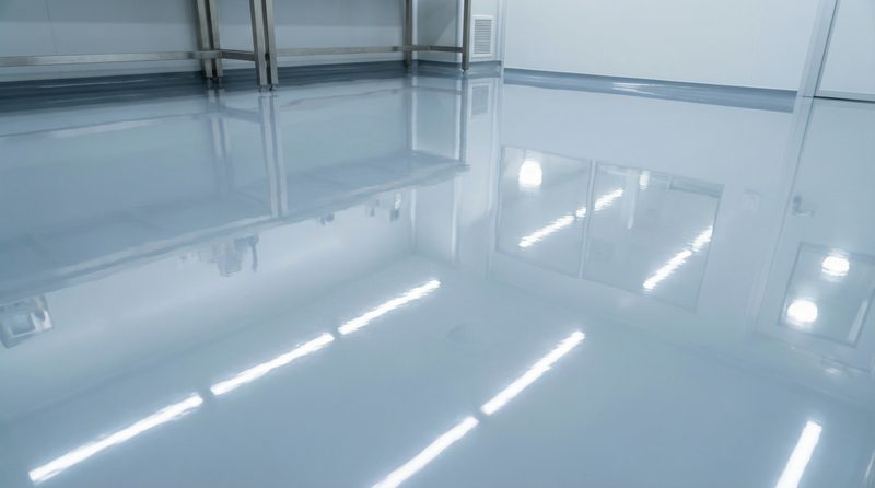 Pharmaceutical cleanroom with seamless high-gloss self-leveling epoxy floor
